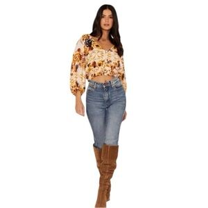 Talisman Malicon Western Floral Print Puff Sleeve Coastal Cowgirl Crop Top Sz. S